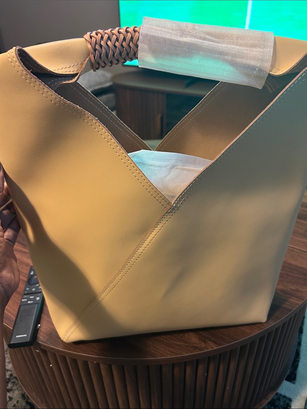 Yellow V-Cut Shoulder Bag with Woven Handle